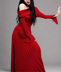off-shoulder pleated slit gown – Rovon