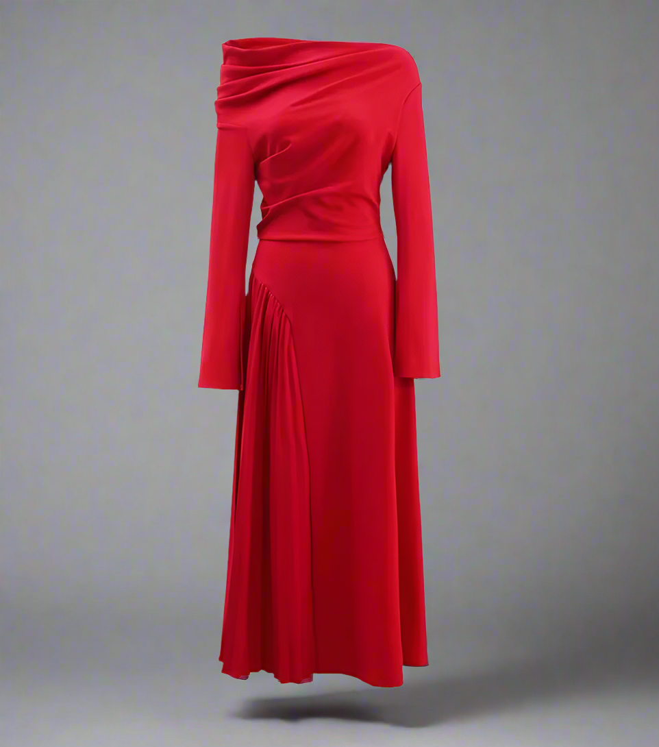 off-shoulder pleated slit gown – Rovon