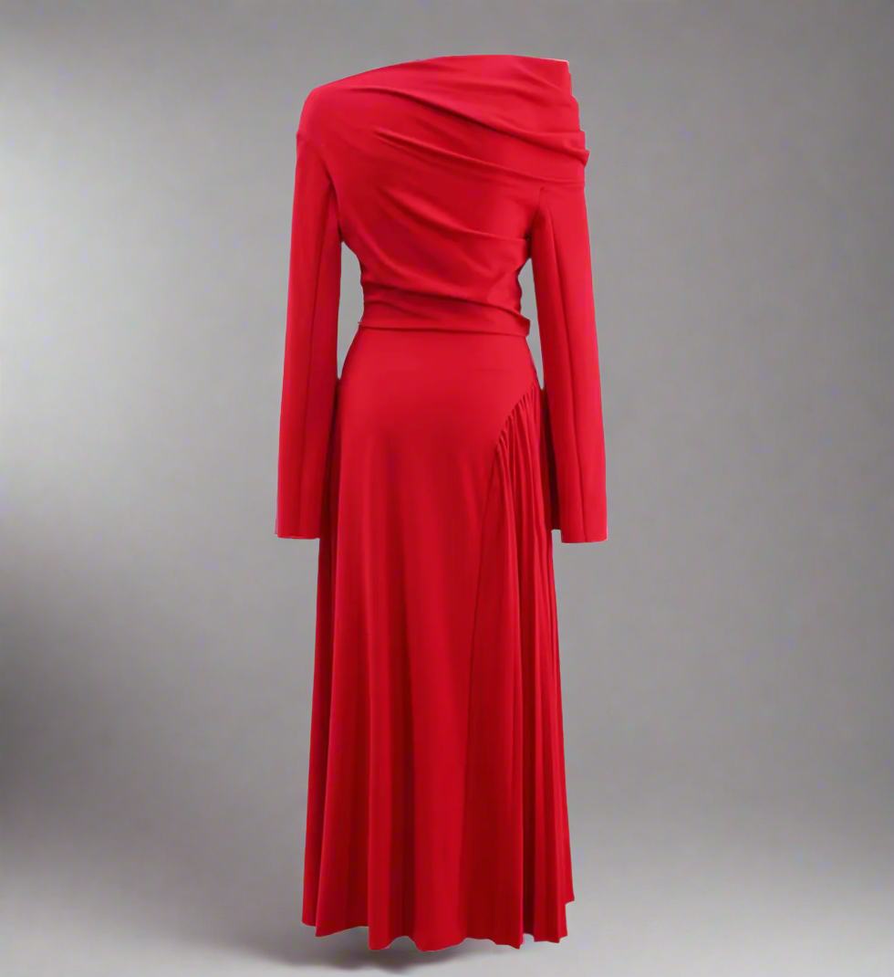off-shoulder pleated slit gown – Rovon