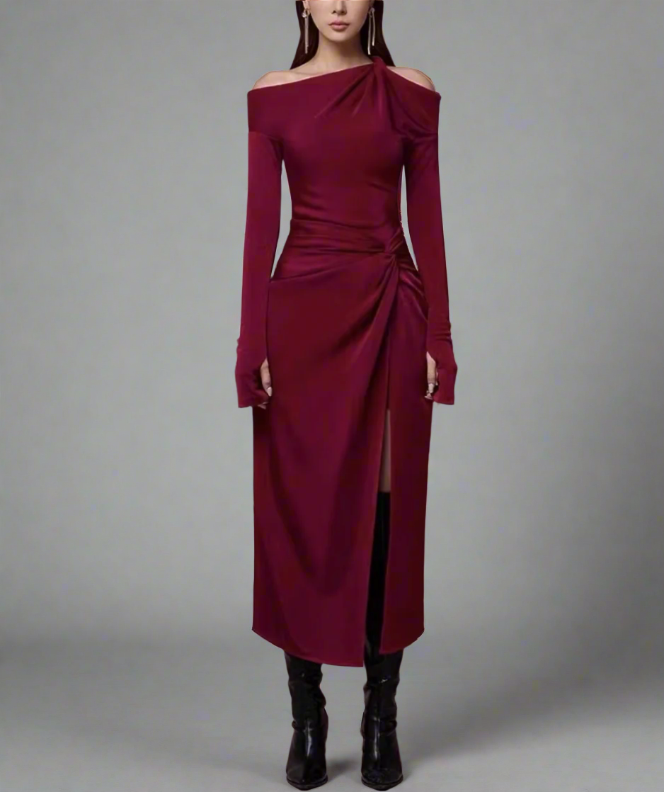 asymmetric off-shoulder draped midi dress – Degah