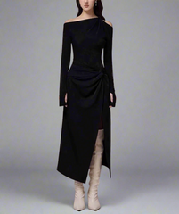 asymmetric off-shoulder draped midi dress – Degah