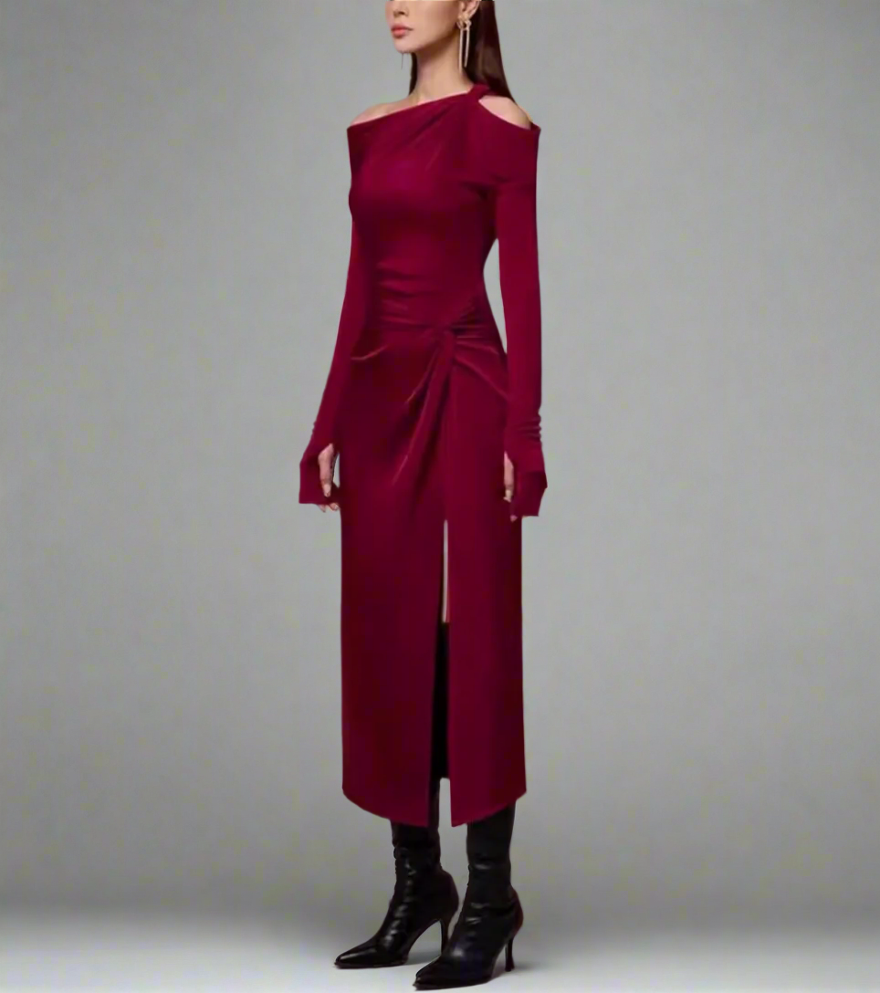asymmetric off-shoulder draped midi dress – Degah