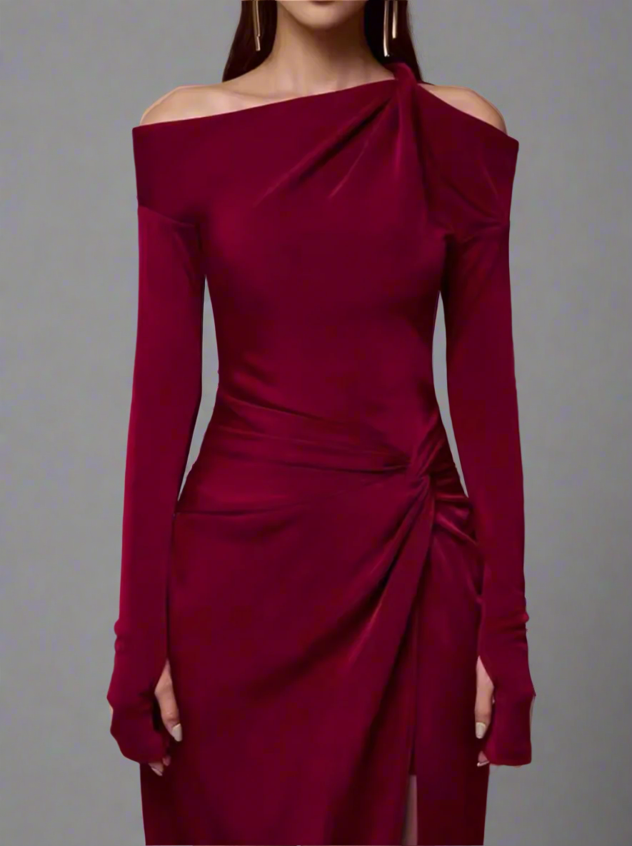 asymmetric off-shoulder draped midi dress – Degah