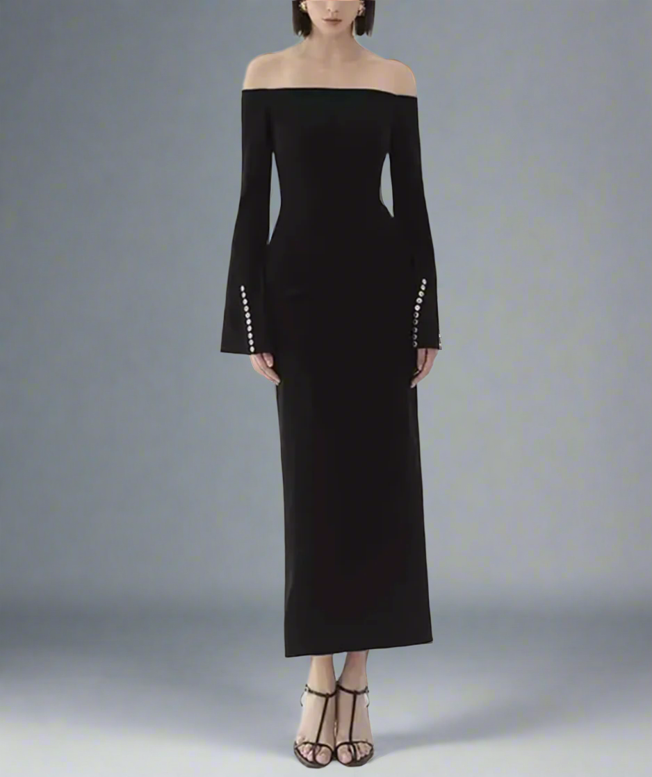off-shoulder column dress with pearl-cuff sleeves – Gofen