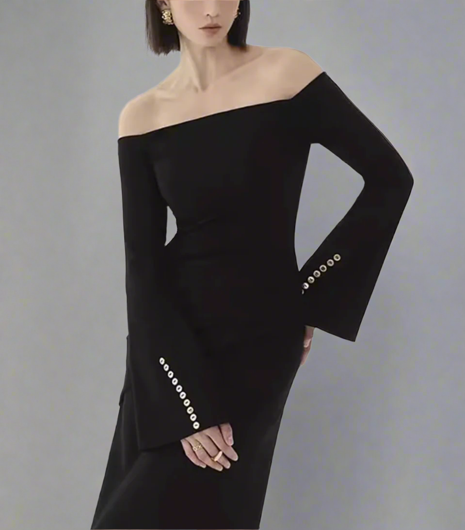 off-shoulder column dress with pearl-cuff sleeves – Gofen