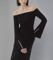 off-shoulder column dress with pearl-cuff sleeves – Gofen