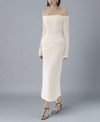 off-shoulder column dress with pearl-cuff sleeves – Gofen