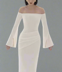 off-shoulder column dress with pearl-cuff sleeves – Gofen