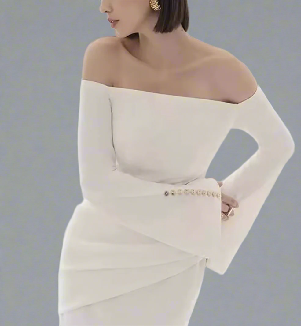 off-shoulder column dress with pearl-cuff sleeves – Gofen