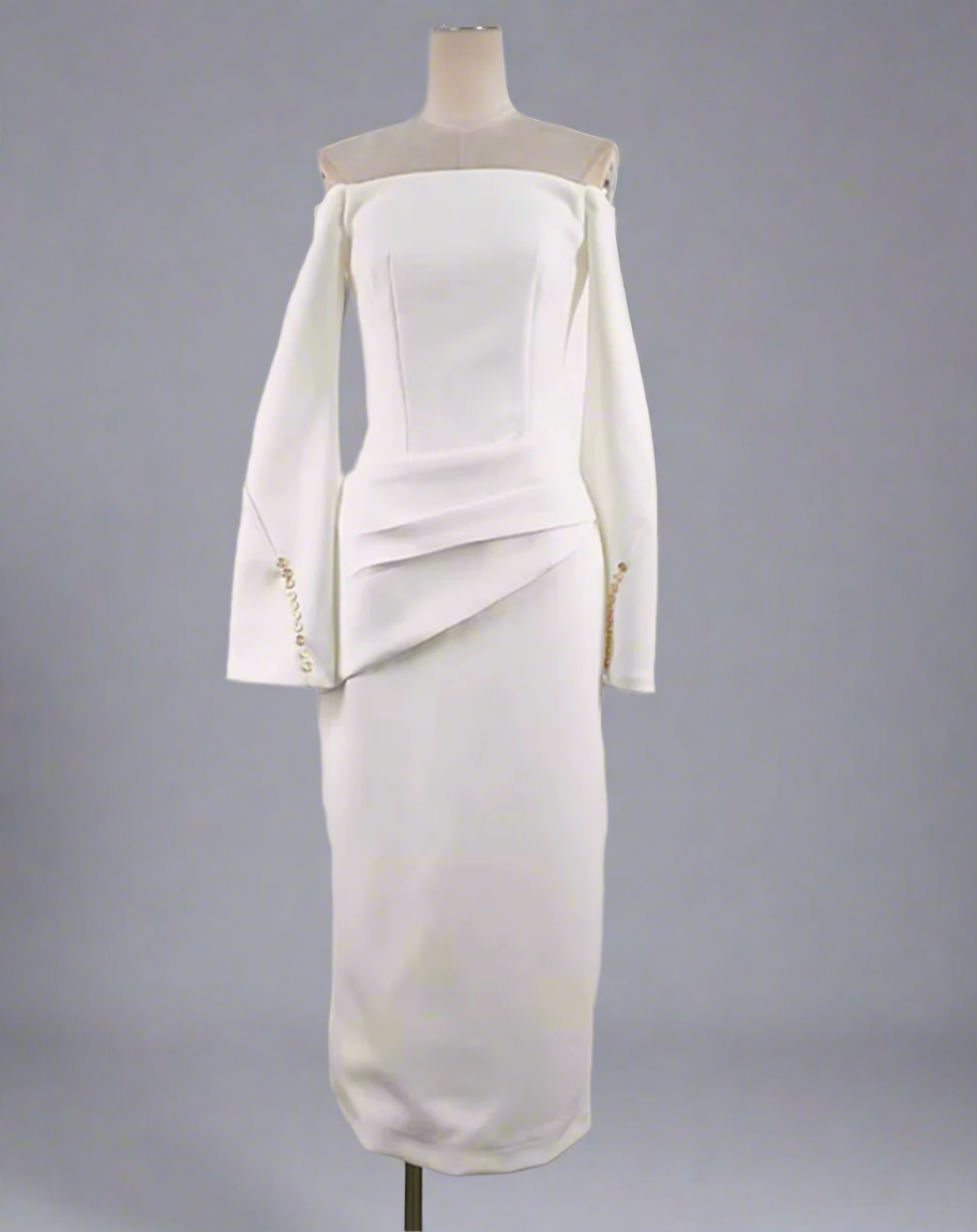 off-shoulder column dress with pearl-cuff sleeves – Gofen