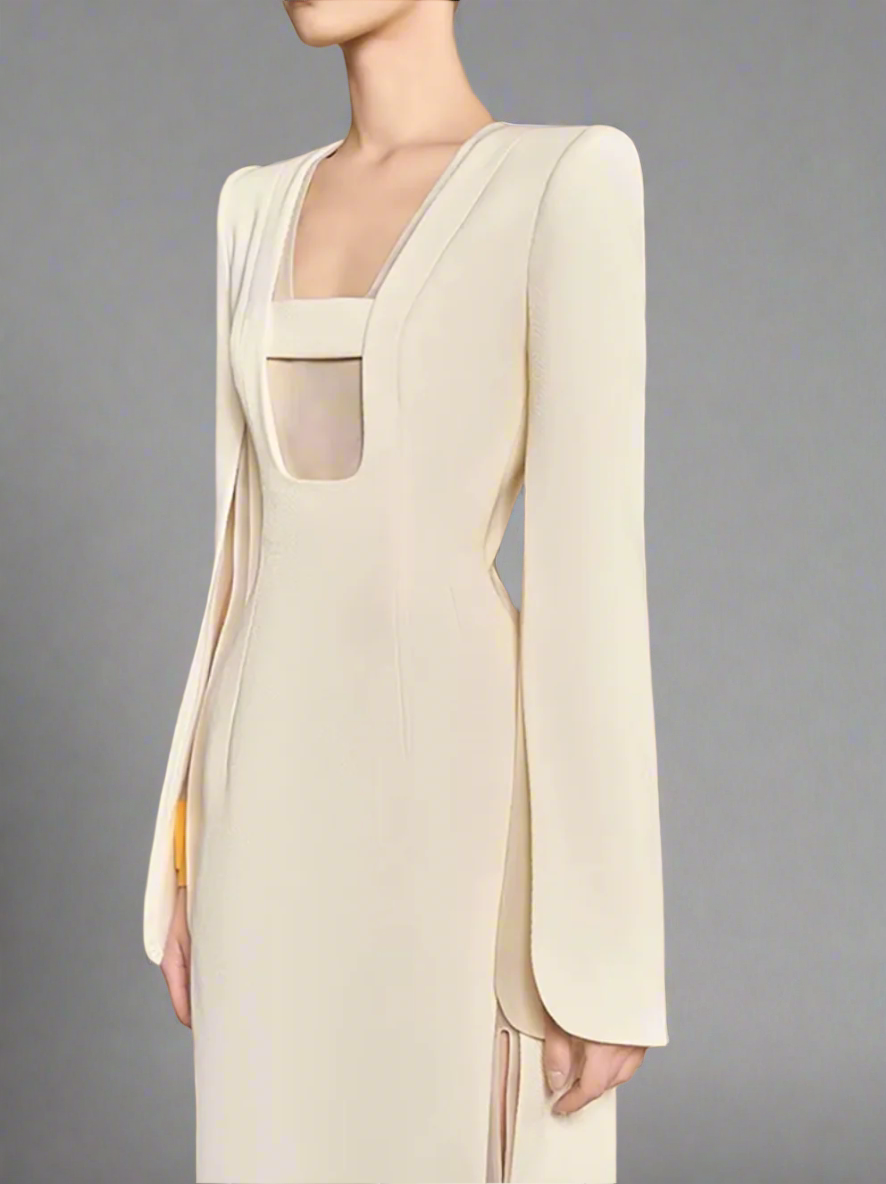 slit-sleeve contrast-panel midi dress – Jolven