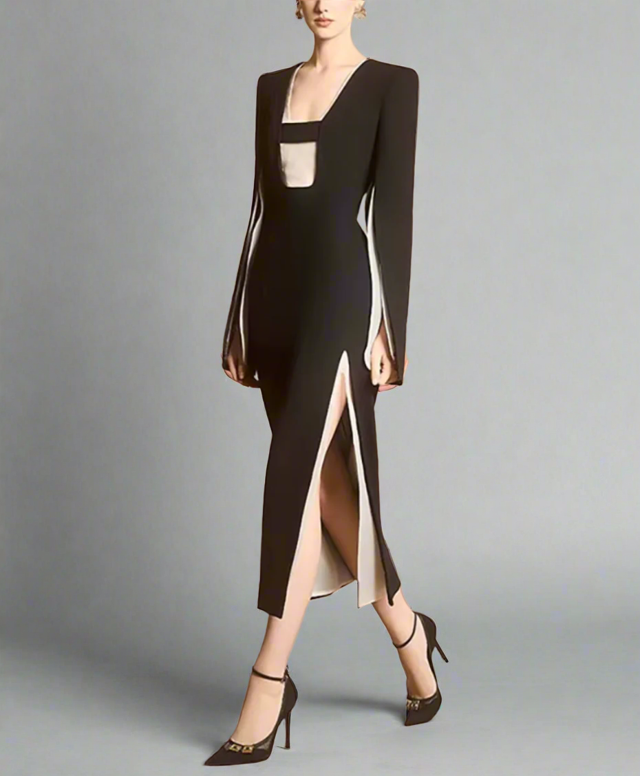 slit-sleeve contrast-panel midi dress – Jolven