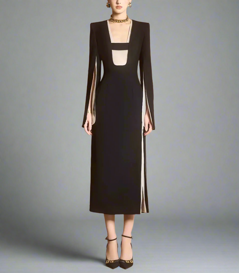 slit-sleeve contrast-panel midi dress – Jolven