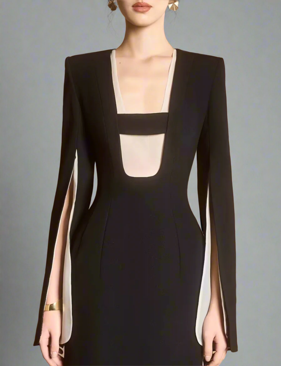 slit-sleeve contrast-panel midi dress – Jolven