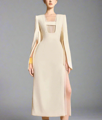 slit-sleeve contrast-panel midi dress – Jolven