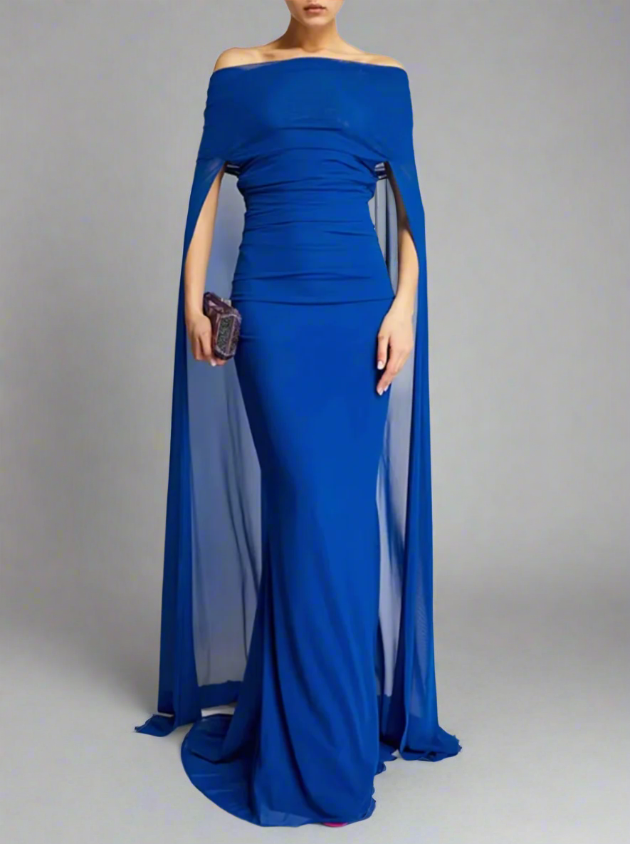 off-shoulder draped cape gown – Noral