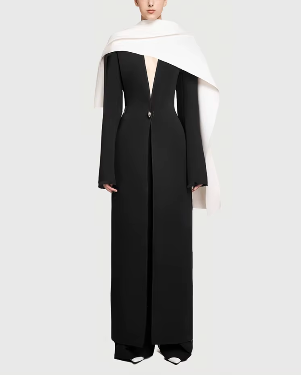 monochrome draped scarf coat dress – Goten