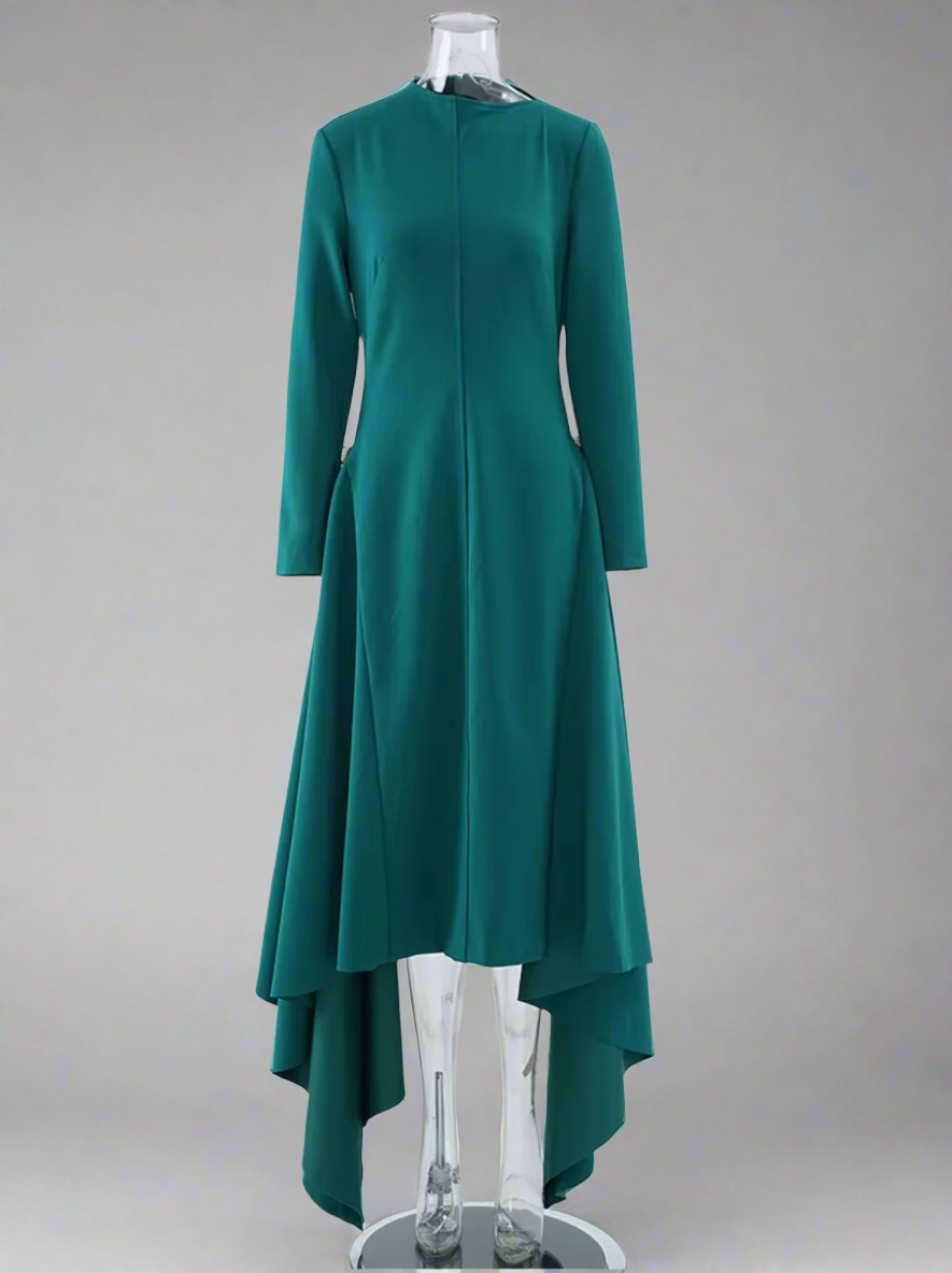 high-neck asymmetric hem midi dress – Rovnah