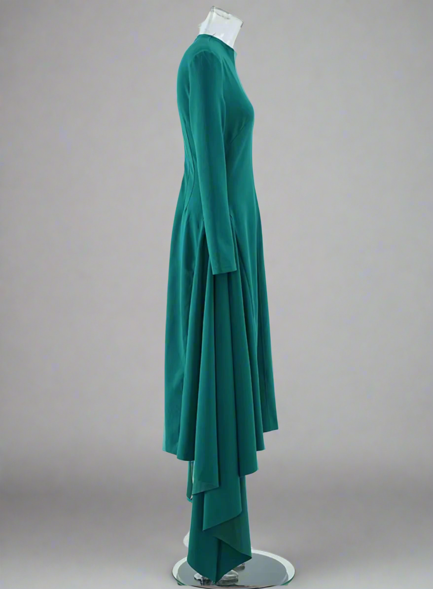 high-neck asymmetric hem midi dress – Rovnah
