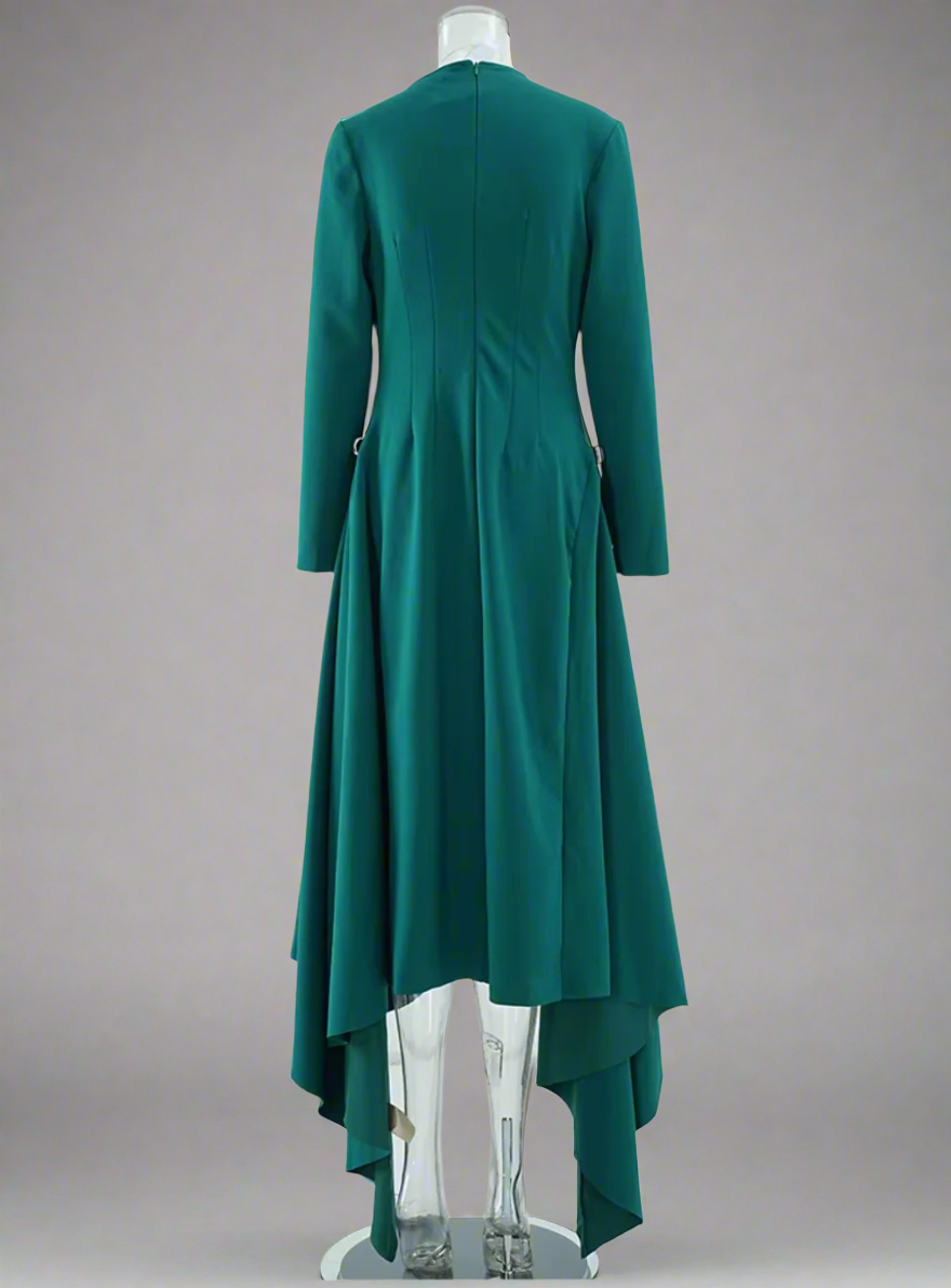 high-neck asymmetric hem midi dress – Rovnah