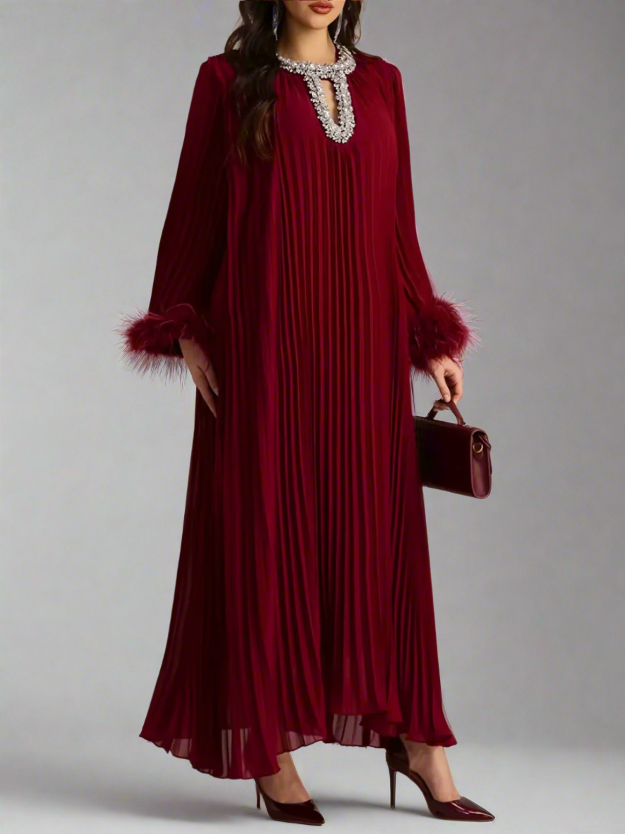pleated gown with feather cuffs – Daren