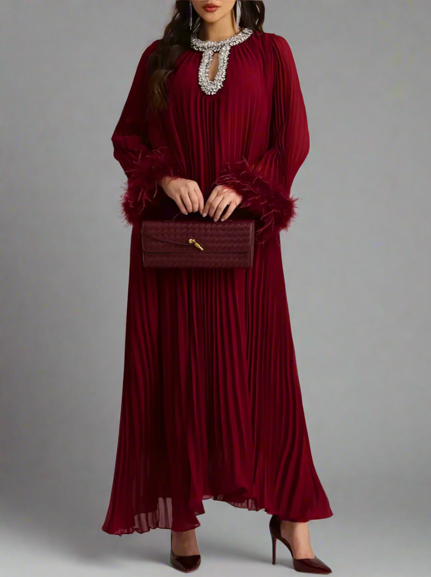 pleated gown with feather cuffs – Daren