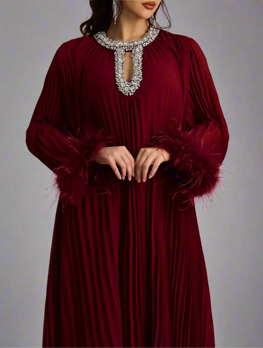 pleated gown with feather cuffs – Daren