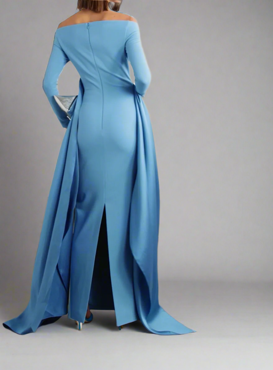 off-shoulder gown with sculpted draped train – Xalee