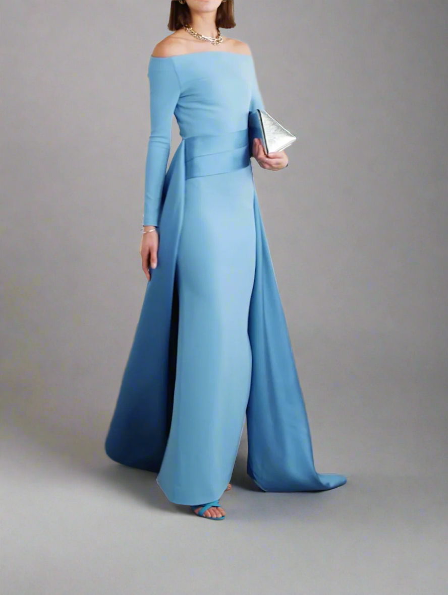off-shoulder gown with sculpted draped train – Xalee