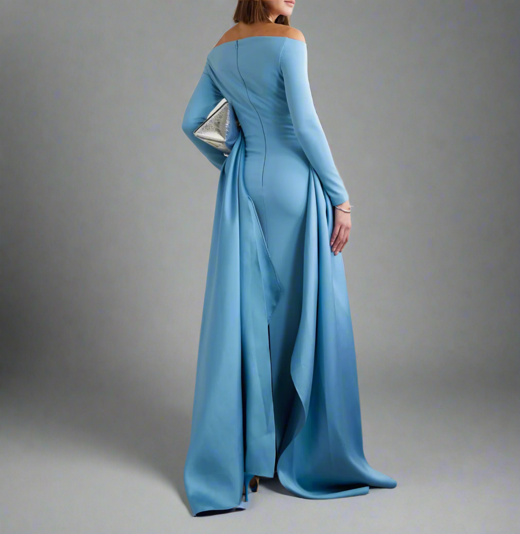 off-shoulder gown with sculpted draped train – Xalee