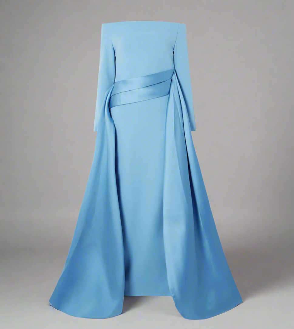 off-shoulder gown with sculpted draped train – Xalee