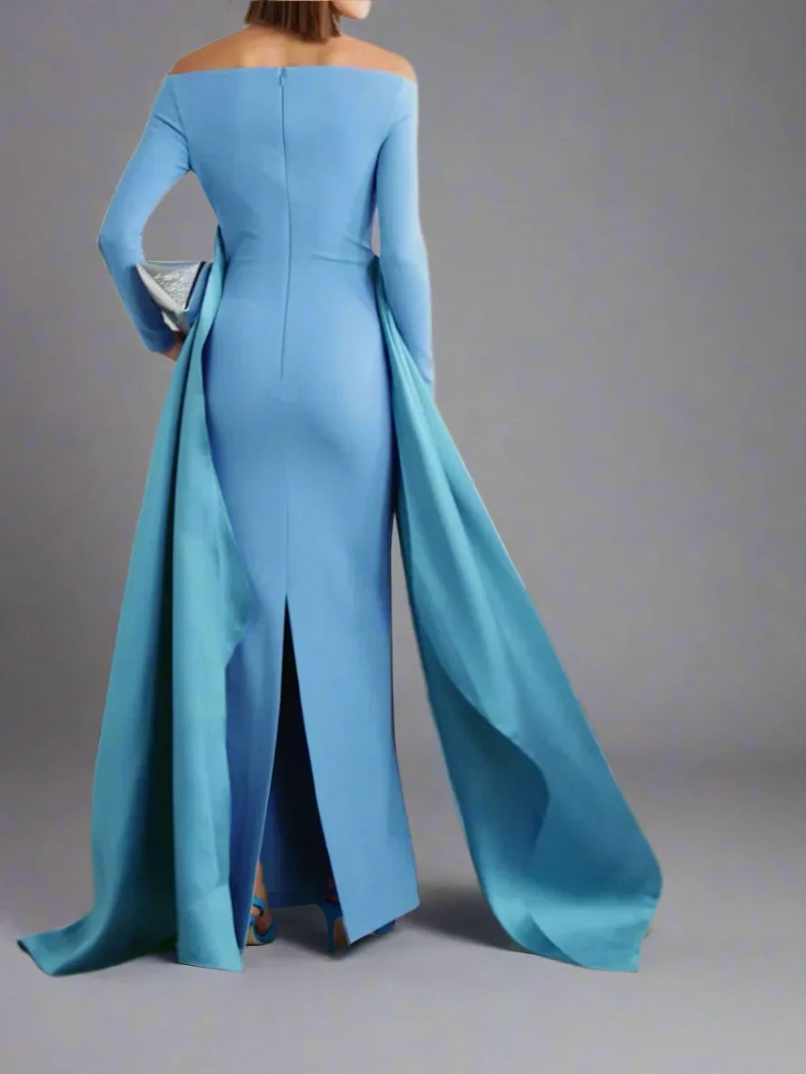 off-shoulder gown with sculpted draped train – Xalee
