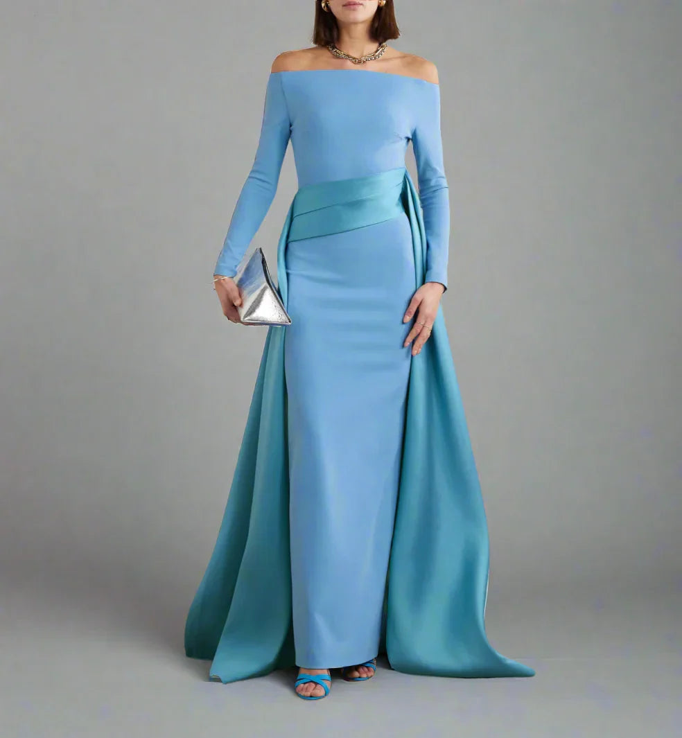 off-shoulder gown with sculpted draped train – Xalee