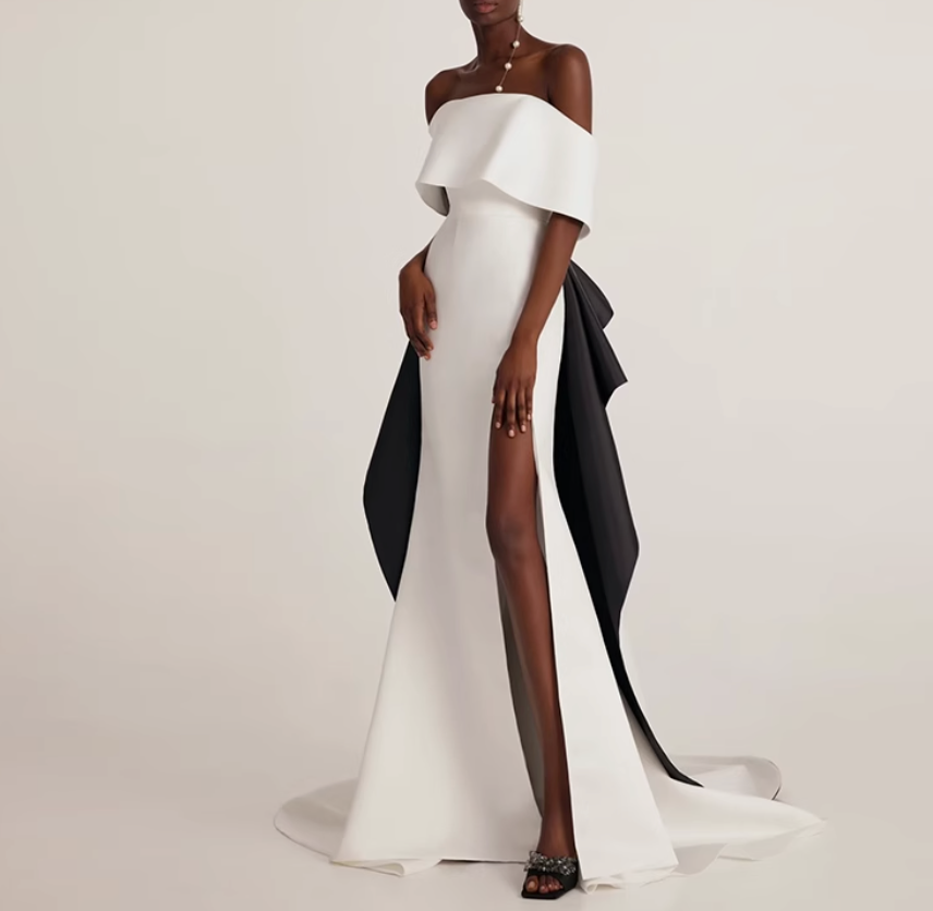 off-shoulder gown with bow back detail – Meely