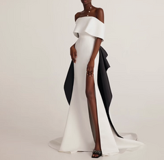 off-shoulder gown with bow back detail – Meely