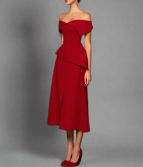 off-shoulder peplum midi dress – Heely