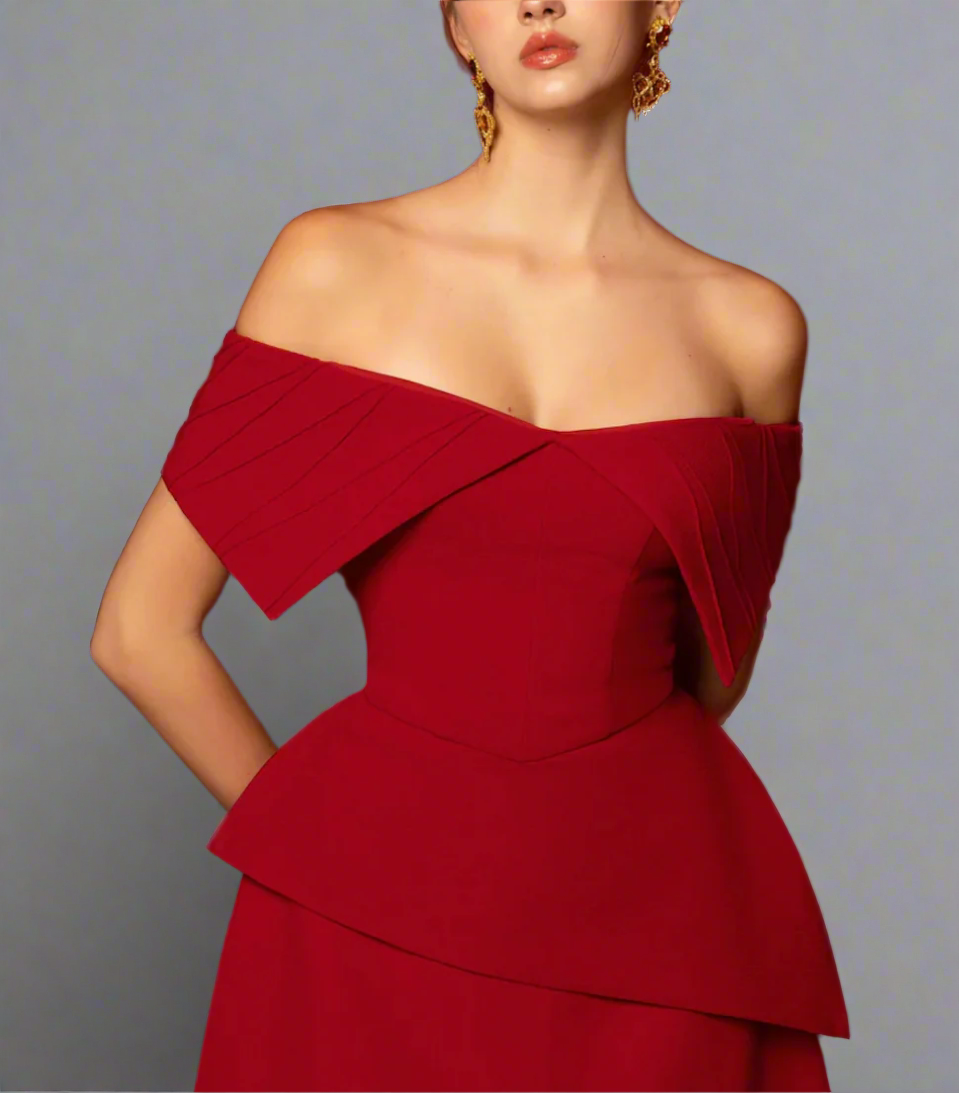 off-shoulder peplum midi dress – Heely