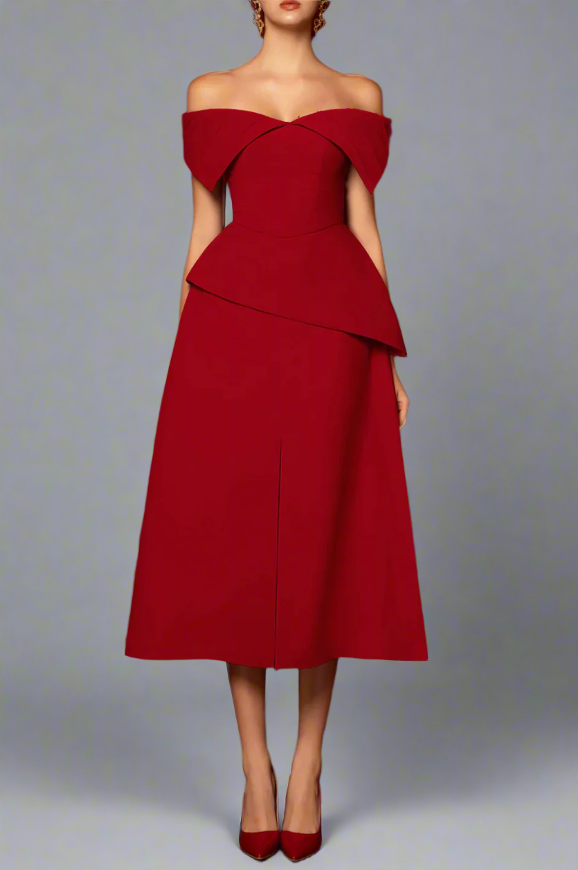 off-shoulder peplum midi dress – Heely