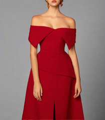 off-shoulder peplum midi dress – Heely