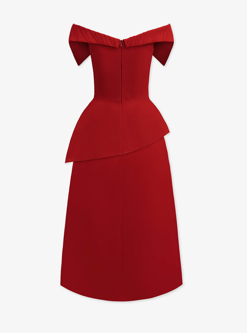 off-shoulder peplum midi dress – Heely