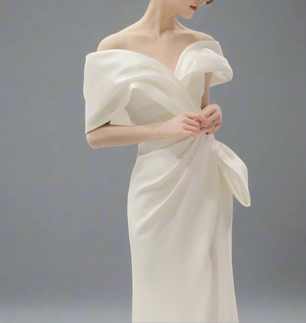 off-shoulder draped gown with bow detail – Hooly