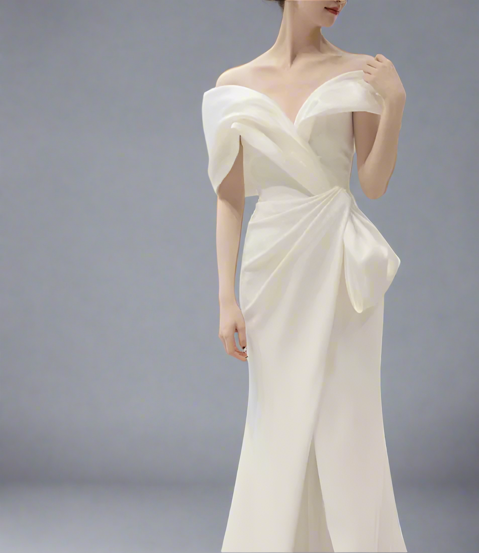 off-shoulder draped gown with bow detail – Hooly
