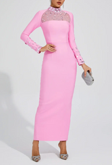 embellished illusion neckline midi dress – Heelo