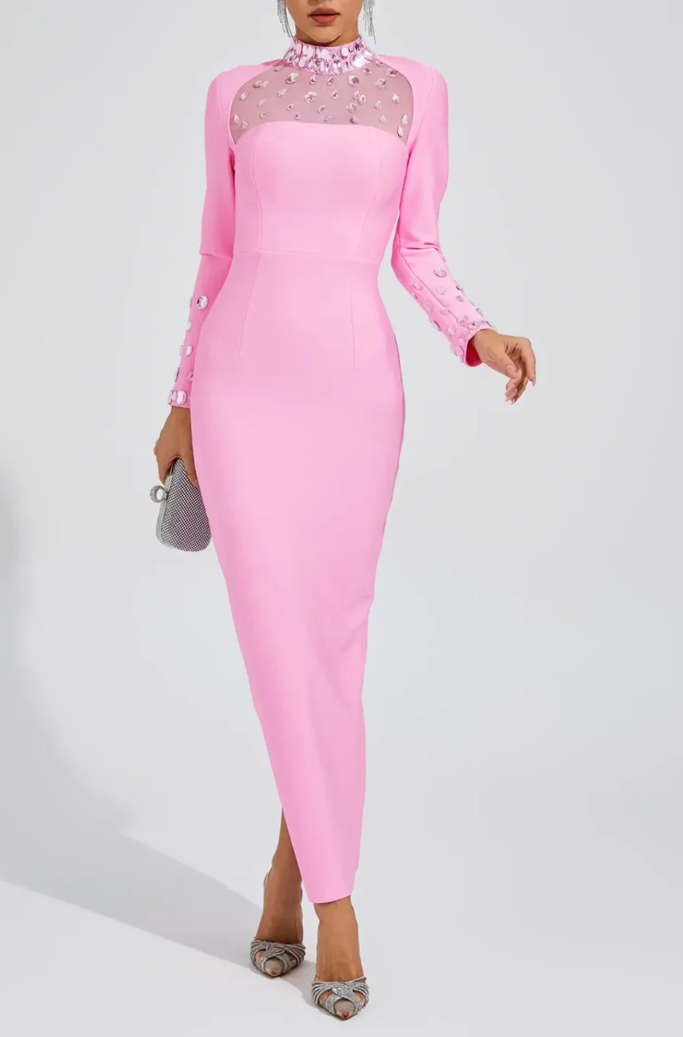 embellished illusion neckline midi dress – Heelo
