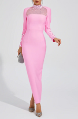 embellished illusion neckline midi dress – Heelo