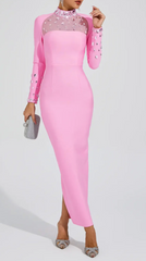 embellished illusion neckline midi dress – Heelo