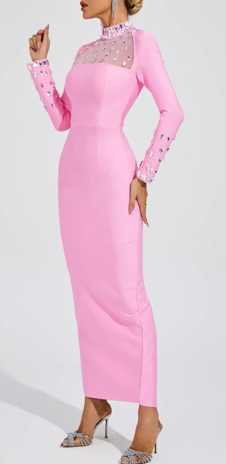 embellished illusion neckline midi dress – Heelo