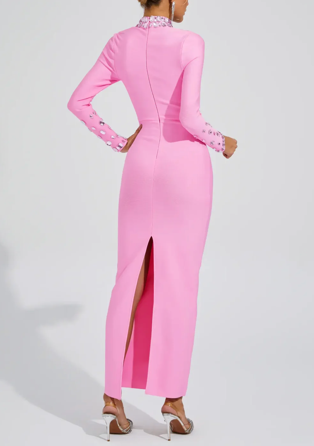 embellished illusion neckline midi dress – Heelo
