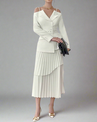 Off-shoulder belted blazer with pleated skirt - Atiju