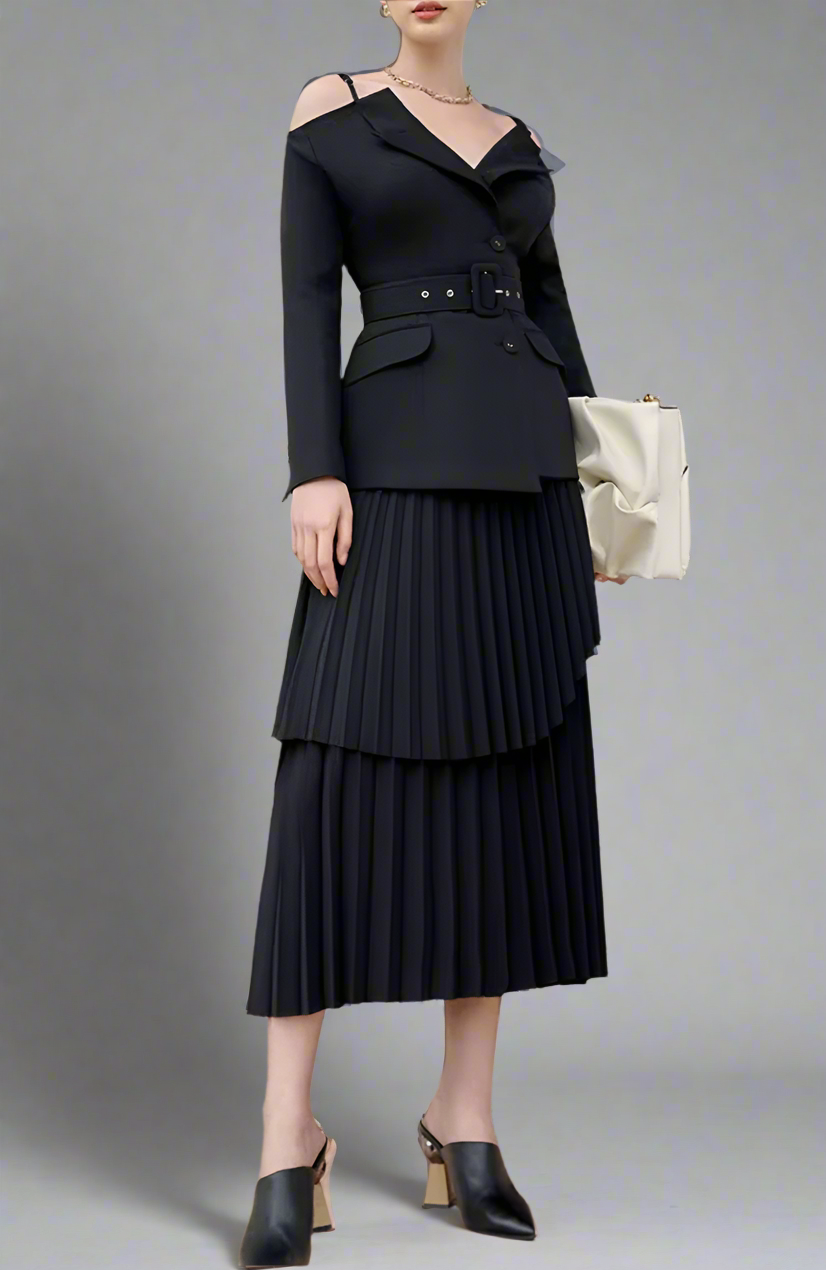 Off-shoulder belted blazer with pleated skirt - Atiju